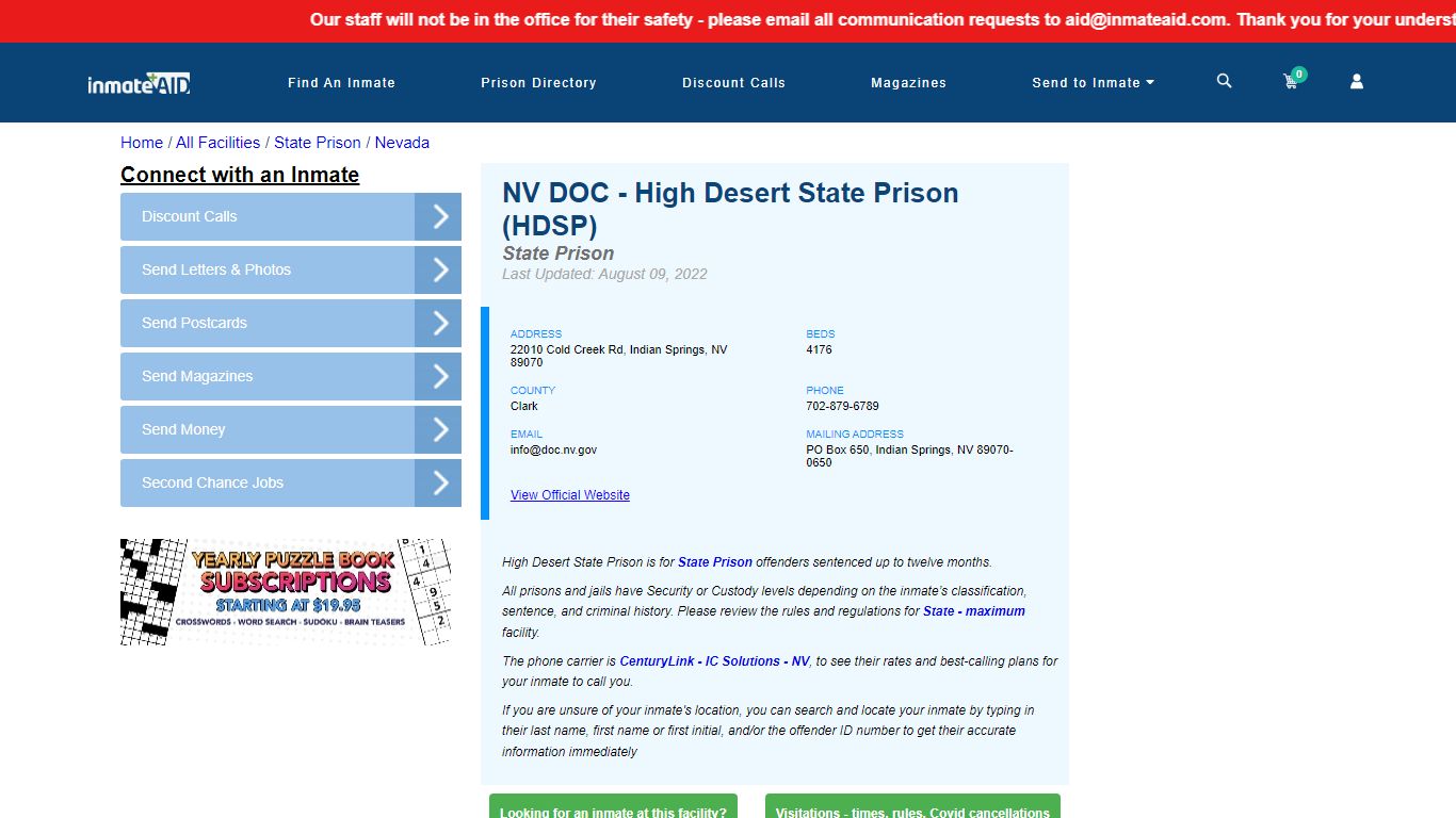 NV DOC - High Desert State Prison (HDSP) & Inmate Search ...