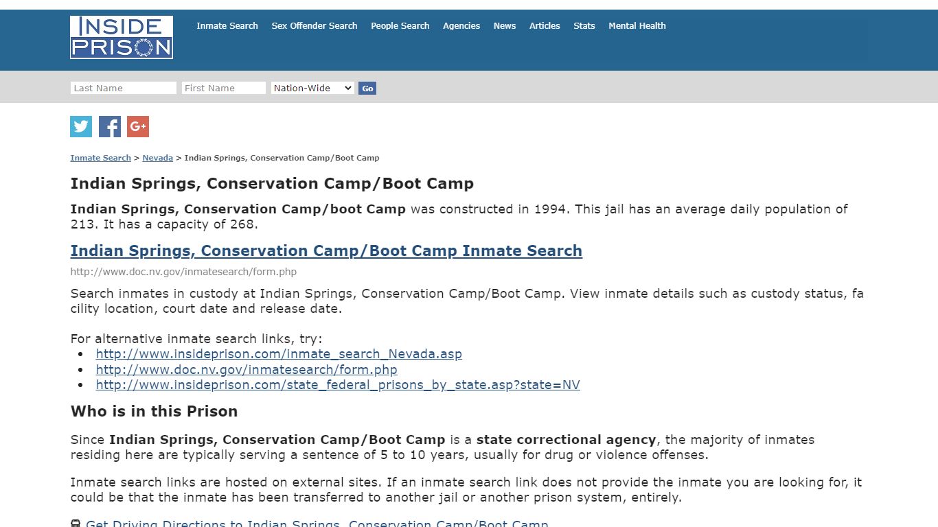 Indian Springs, Conservation Camp/Boot Camp - Inmate Search